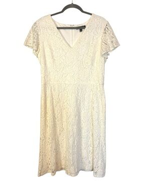 Lauren Ralph Lauren Cream white Lace V-Neck Midi Dress wedding bridal Size 12